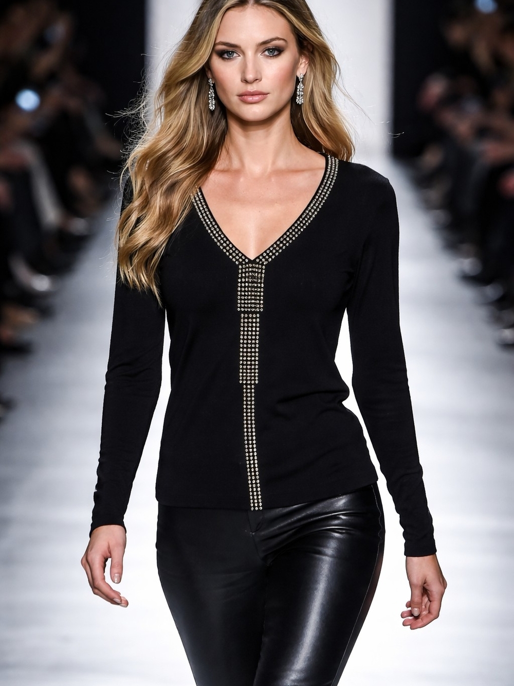 Women's Black V-Neck Sweater with Studded Trim